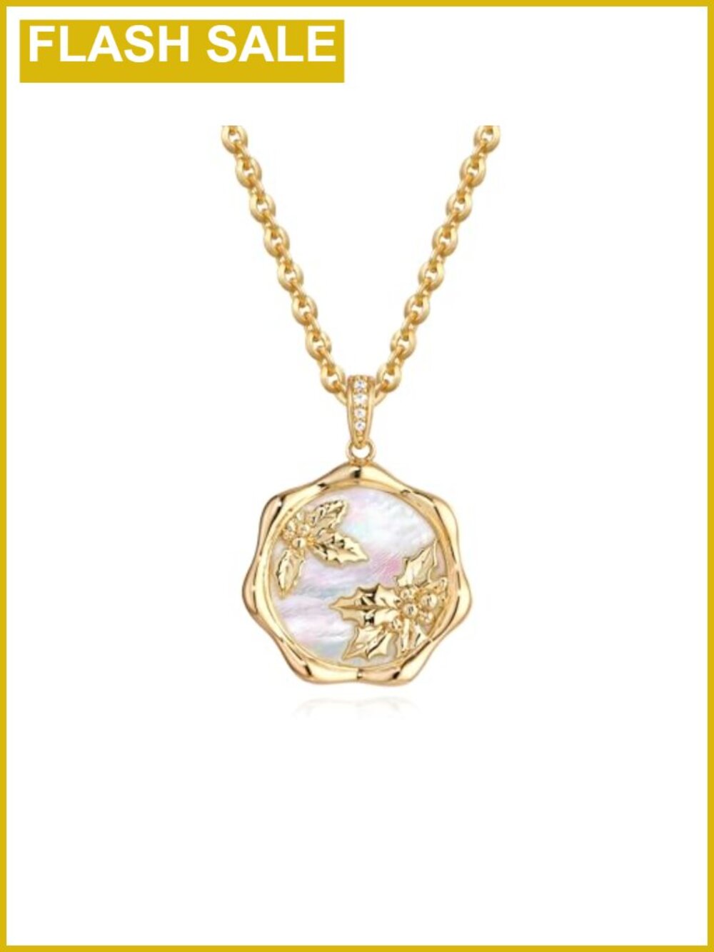 14K Gold Plated Mother of Pearl Birth Flower Disc Pendant Necklace, December